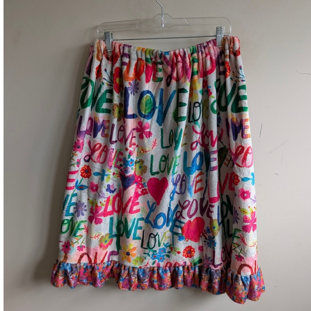 Natural Life Love Graffiti Spa Wrap Ruffle Hem Plush Towel Robe White L/XL - Picture 6 of 8